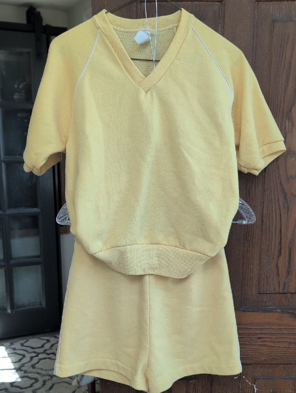 Vintage 70s/80s Athletic Yellow Two-Piece Set with White Piping- Top & Shorts
